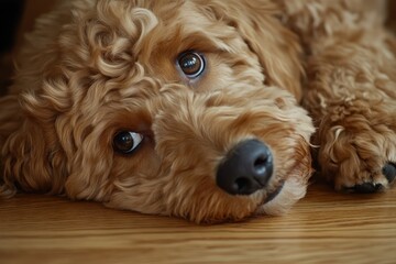 Fototapeta premium Golden Doodle Portrait. Adorable Puppy Dog in Golden Retriever Canino Gold Animal Pet