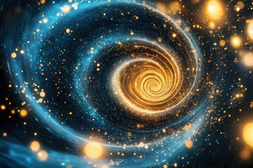 Obraz premium Golden Spiral in Abstract Universe Background with Gold Center and Blue Galaxy