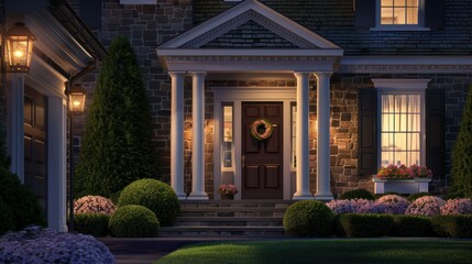 Fototapeta premium Stone-Faced House with Porch, Wreath, and Lantern Lights at Dusk