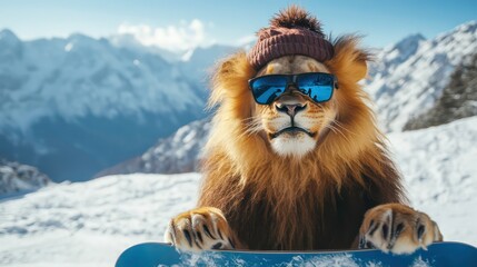 A lion wearing sunglasses and a beanie sits on a snowboard in the snow in front of a mountain range.