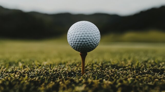 Golf Ball On Tee. Concentration and Challenge on Golf Course