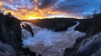 Obraz premium Great Falls at Sunset. Stunning Blue Sky and Dramatic Clouds over the Harsh Rocky Gorge
