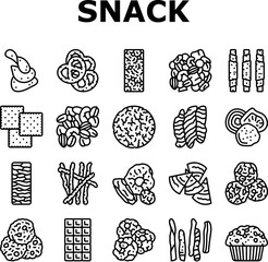 snack food drink sweet icons set vector. meal bread, lunch meat, chips, nut, cracker, rice cake, fruit slice, popcorn snack food drink sweet black contour illustrations