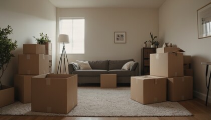 Moving boxes scattered in an empty room, representing the downsizing process. The image highlights the transition to a smaller, more manageable space and embraces a minimalist lifestyle