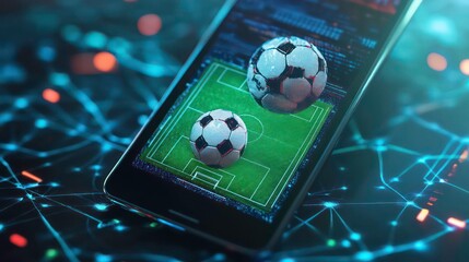 A smartphone screen displaying a soccer field with two soccer balls in front of a blue background with network lines.