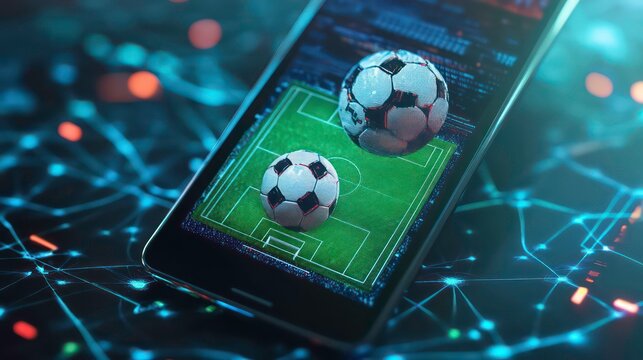 A smartphone screen displaying a soccer field with two soccer balls in front of a blue background with network lines.
