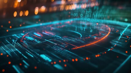 Fototapeta premium Abstract digital data visualization with glowing lines and binary code in a futuristic setting.
