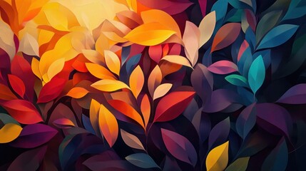 A vibrant and colorful abstract illustration of leaves in various shades of red, orange, yellow, green, and blue. The leaves are arranged in a random pattern, creating a sense of movement and energy.