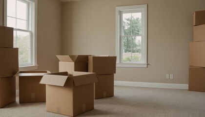 Moving boxes scattered in an empty room, representing the downsizing process. The image highlights the transition to a smaller, more manageable space and embraces a minimalist lifestyle