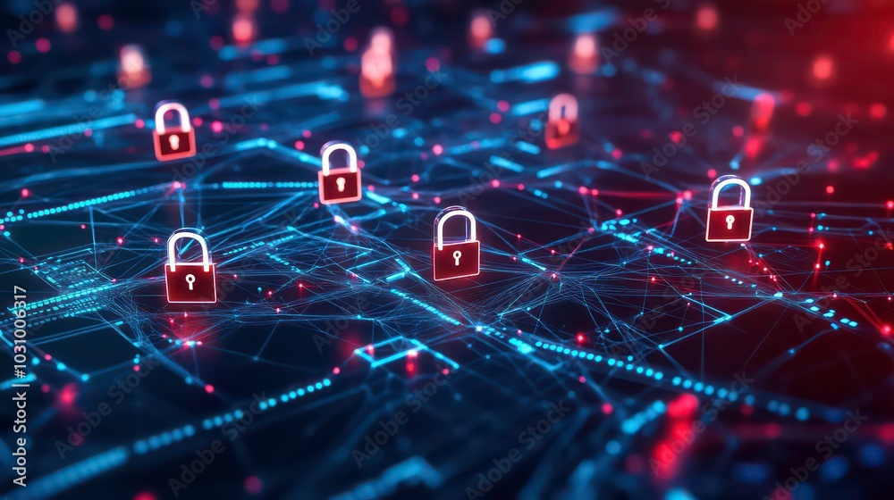 Poster abstract digital network with padlock icons representing data security and protection on a glowing c