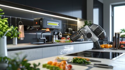 Futuristic smart kitchen with cooking robot and modern appliances