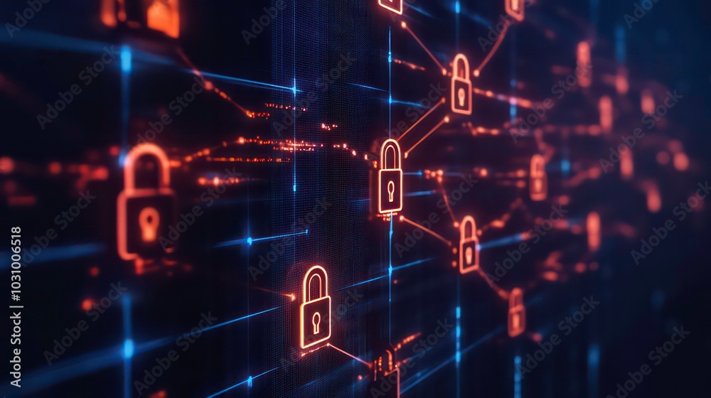 Poster abstract digital background with glowing padlock icons connected by lines, representing cybersecurit
