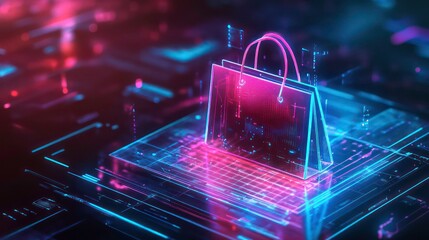 A glowing shopping bag icon levitates over a digital network, symbolizing the rise of online shopping and e-commerce.