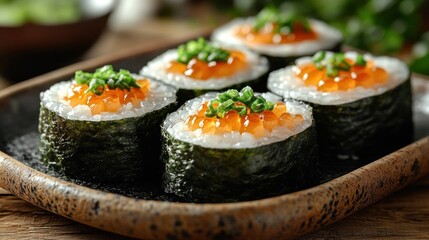 Delicious plate of sushi served with soy sauce and wasabi, representing traditional Japanese cuisine and culinary artistry