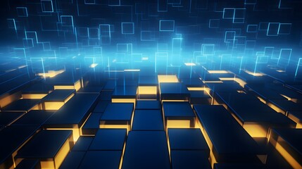 Fototapeta premium 3d rendering of blue and yellow abstract geometric background. Scene for advertising, technology, showcase, banner, game, sport, cosmetic, business, metaverse. Sci-Fi Illustration. Product display