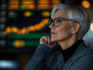 Senior Female Trader or Broker Engaged in Stock Market Analysis with a Thoughtful Expression. Business and Trading Concept. Image Generated by AI.