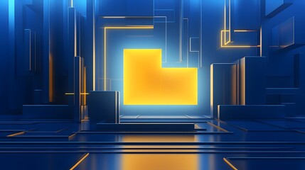 Fototapeta premium 3d rendering of blue and yellow abstract geometric background. Scene for advertising, technology, showcase, banner, game, sport, cosmetic, business, metaverse. Sci-Fi Illustration. Product display