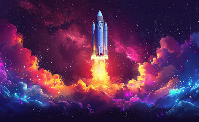 Rocket launching into space through vivid colorful clouds, representing exploration and innovation in a cosmic starry sky.