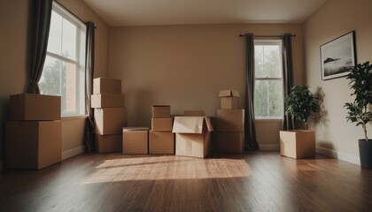 An empty room with stacked moving boxes, symbolizing downsizing to a smaller, minimalist space. The image reflects the simplicity and freedom that comes with transitioning to a more compact home.