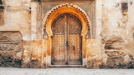 A beautifully detailed wooden door showcases intricate carvings in a historic structure, set against weathered walls that reflect the passage of time under bright sunlight