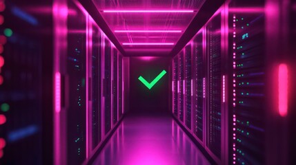 A server room with neon lights and a green checkmark on the wall.