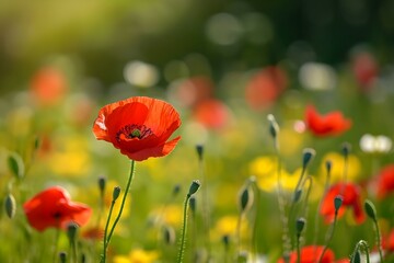 Fototapeta premium Red poppy flowers blooming in vibrant meadow 