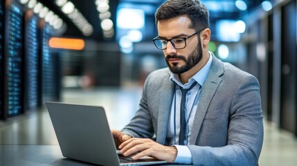 Fototapeta premium A focused young man in a stylish suit types on a laptop in a contemporary office filled with digital displays and soft lighting, showcasing a blend of technology and professionalism