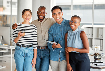 Business people, portrait and office with group hug, smile and confidence for management goals....
