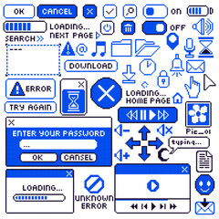 Pixel Art Retro Computer Interface Icons Set. 8-bit blue PC windows and buttons. UI collection. Screen with loading bar, file folder, music player, login form, error, try again. Vector illustration.