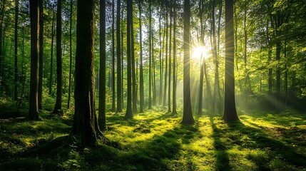 A Lush Green Forest With Tall Trees and Dappled Sunlight Filtering Through the Leaves, Creating a Peaceful, Natural Setting 