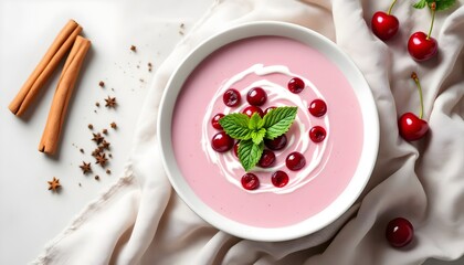 Chilled Hungarian Sour Cherry Soup (Meggyleves) with Fresh Cherries and Mint (Hungarian Cuisine)