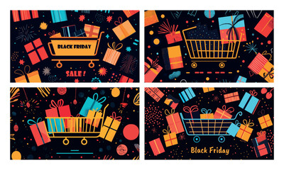 Black friday flat banners. Autumn sale abstract posters, marketing shopping event retail store discount offer design with gift boxes and shop carts set cartoon vector illustration