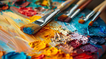 Obraz premium A close shot of an artist's palette covered in a variety of vibrant paint colors, with multiple brushes of different sizes nearby.