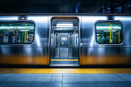 An open silver subway train door reveals the platform beyond.