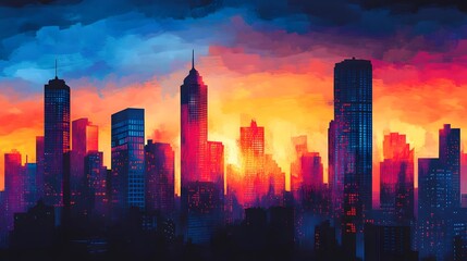 Obraz premium A Vibrant City Skyline at Sunset, With Silhouettes of Skyscrapers Against a Colorful Sky Transitioning From Orange to Deep Blue.