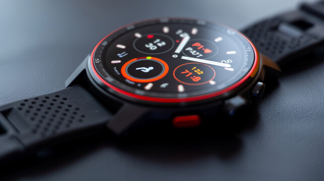 A close shot of a smartwatch face with notifications for fitness, music control, and messages, emphasizing its multi-use nature.