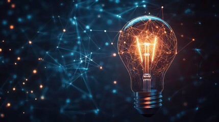 A glowing light bulb with a network of glowing lines in the background.