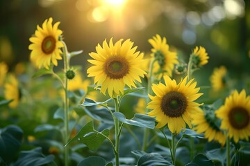 Fototapeta premium Sunflowers Blooming in a Sunlit Summer Field 