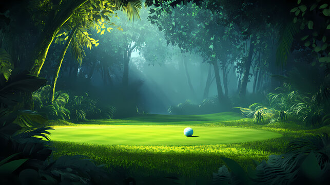 Exotic jungle backdrop envelops a tranquil golf scene, with a ball waiting to be retrieved from the vibrant green pitch. Misty Jungle. Illustration