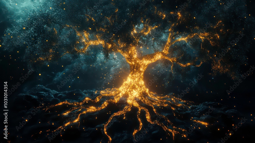 Canvas Prints a glowing tree with roots extending into a dark, cloudy sky.