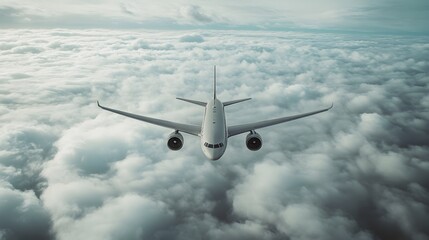Obraz premium A white passenger plane flying in the sky, surrounded by clouds
