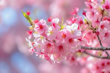 Pink cherry blossoms blooming on tree branch
