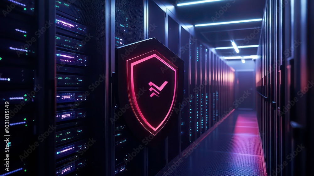 Poster a glowing shield icon with a check mark inside is displayed in front of a long row of data servers i