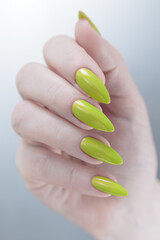 Female hand with long nails and yellow green manicure