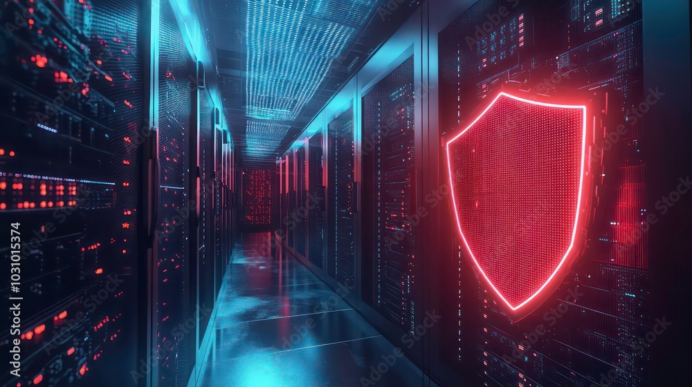 Poster a neon red shield glows in front of a server rack, representing data security and cybersecurity in a