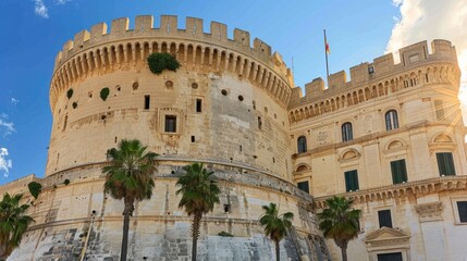 Fototapeta premium Ancient Stone Fortress with Palm Trees and Flagpole