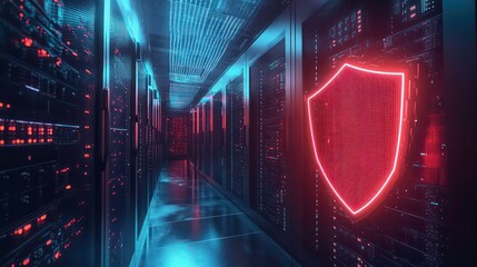 A neon red shield glows in front of a server rack, representing data security and cybersecurity in a modern data center.