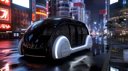 Autonomous Robotaxi navigating futuristic cityscape at night, neon lights reflecting off sleek surface, empty streets and towering buildings in the distance.