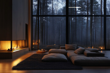 Fototapeta premium Cozy living room with a modern fireplace and sofa. Home interior design in Scandinavian style.