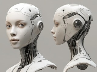 A 3D rendered image of a female android head, showing the intricate mechanical details of her construction.